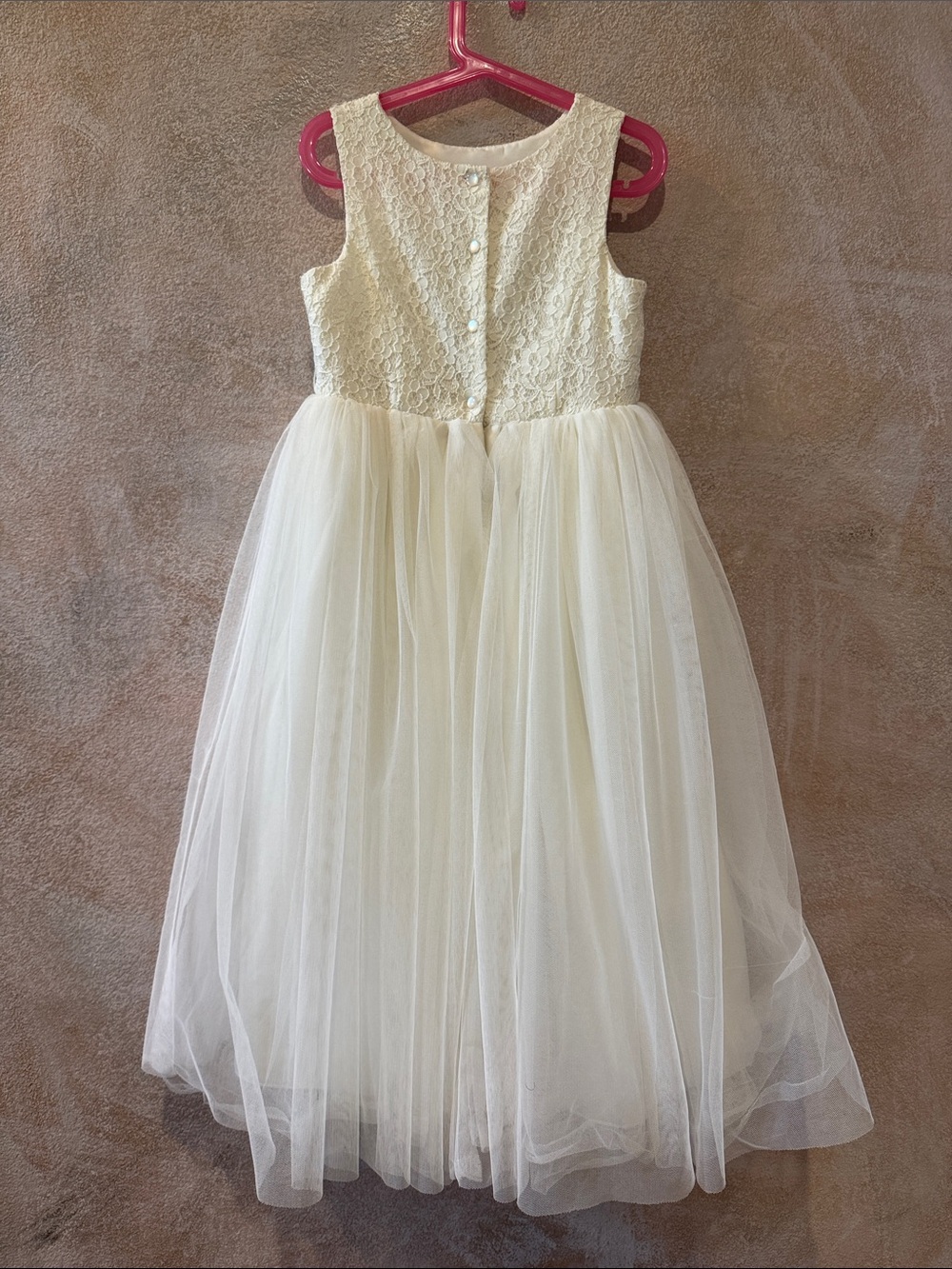 David's Bridal Cream Lace Bodice Tulle Flower Girl Dress - Picture 2 of 3